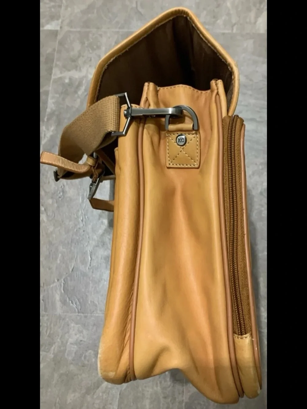 Kenneth Cole Cognac Leather Messenger Bag with Front Buckle Pockets